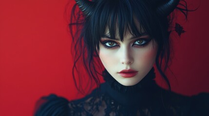 Dark Fantasy Demon Cosplay with Horns and Gothic Aesthetic in Red and Black