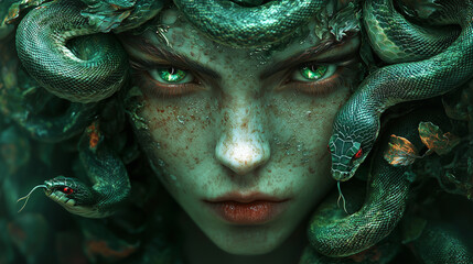 Medusa with snakes in her hair, featuring green and red colors against a dark background. Fantasy art style