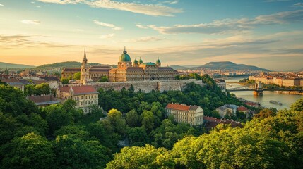 Naklejka premium The majestic Buda Castle towering over Budapest, surrounded by lush greenery, with the Chain Bridge connecting Buda and Pest in the distance.