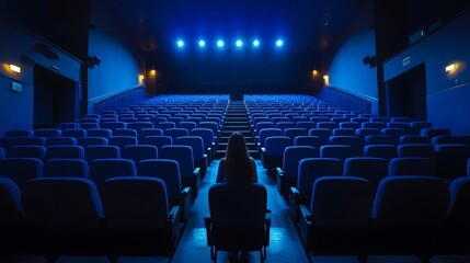 A woman sits alone in a movie theater.