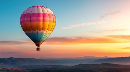Obraz premium A colorful hot air balloon soaring above majestic landscapes during a stunning sunset.