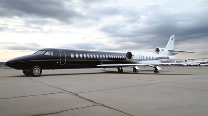 A black limousine plane on the tarmac with a white plane behind it.