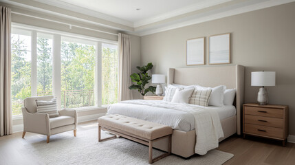 A serene bedroom featuring cozy bed, stylish decor, and large windows that invite natural light. neutral tones and greenery create calming atmosphere perfect for relaxation