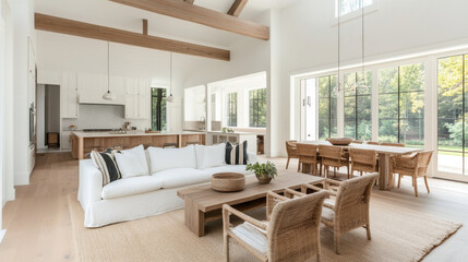 Fototapeta premium A spacious and modern living room featuring large white sofa, wooden dining table, and natural light streaming through large windows. design emphasizes comfort and elegance