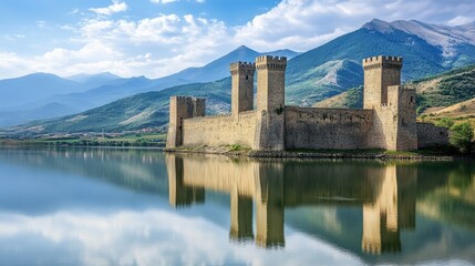 The medieval towers of Ananuri Fortress reflected in the calm waters of the Zhinvali Reservoir, with a backdrop of dramatic mountains.