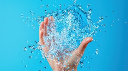 A hand splashing water against a blue background, capturing the essence of freshness and vitality.