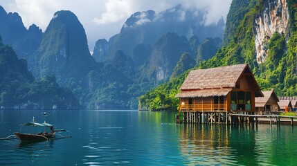 Fototapeta premium Stunning Tourist Scenery of Mountains and Waters: Ideal Resort Destinations. Discover Nature's Beauty and Tranquility.