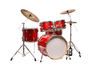 a red drum set with cymbals