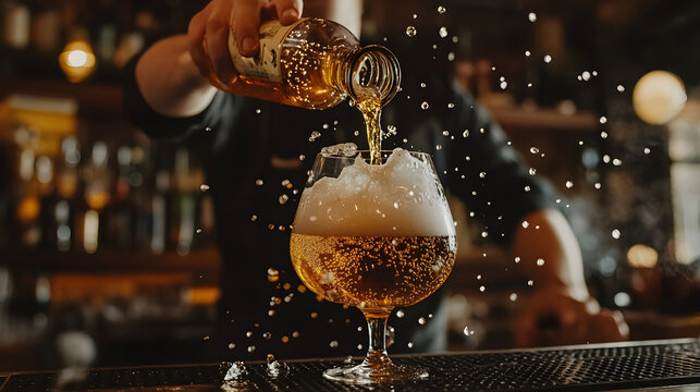 A bartender expertly pouring a nitro beer creating cascading bubbles in the glass