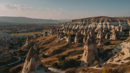 Cappadocia’s sunrise charm with colorful balloons adding a stunning view over the rugged terrain