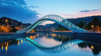 Naklejka premium The striking modern Peace Bridge illuminated at dusk, arching over the Kura River in Tbilisi, Georgia.