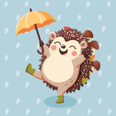 Cute happy hedgehog with mushrooms and leaves on his back enjoys autumn. He is playing in the rain with an umbrella and boots. Hello Autumn concept. Vector illustration in flat cartoon style