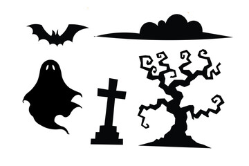 Collection of Halloween silhouettes. Bats, Clouds, ghosts, tombs and trees.