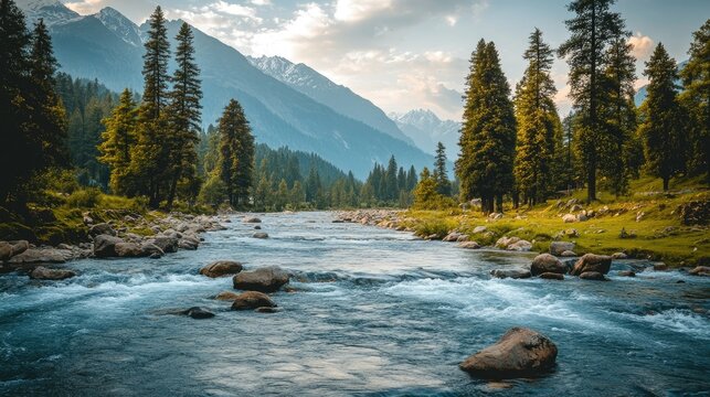 The tranquil Lidder River flowing through Pahalgam, surrounded by towering pine trees and rugged mountain ranges.