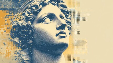 A close-up of a statue's face in a vintage style.