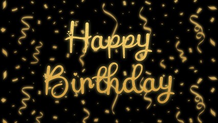 Happy birthday card, gold confetti, black background