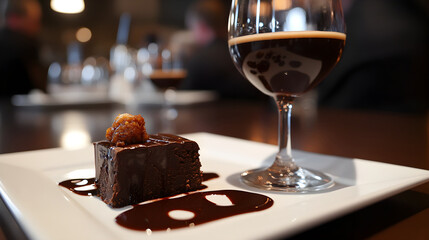 A dark chocolate stout paired with a rich dessert at a brewery tasting event