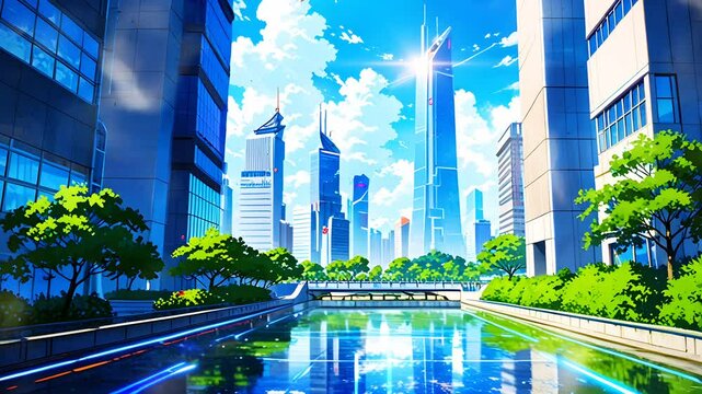 Anime style metropolitan city, smooth looping video 