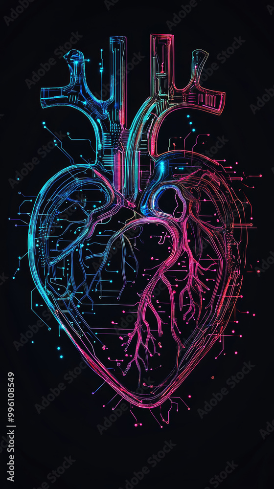 Poster cybernetic heart with glowing neon veins and intricate circuit patterns, symbolizing fusion of techn