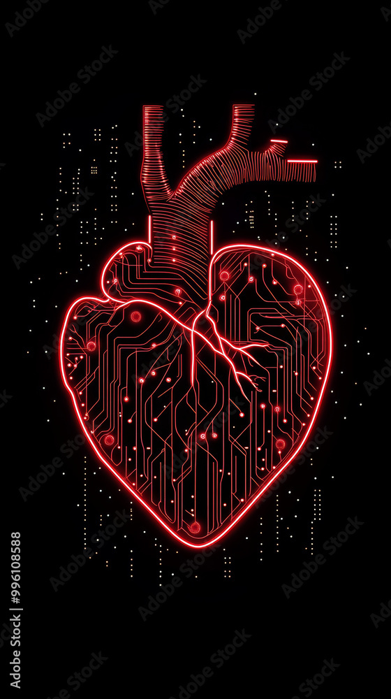 Wall mural cybernetic heart with glowing neon veins and intricate circuit patterns symbolizes fusion of technol