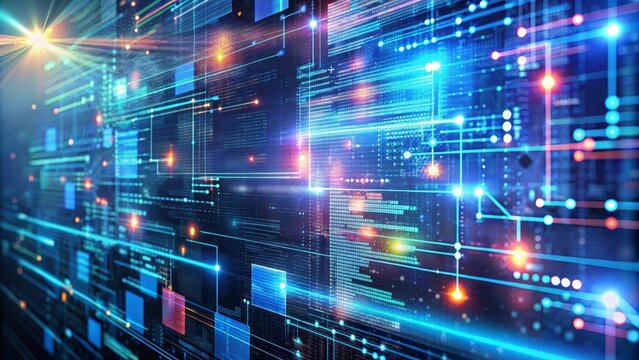 Abstract digital data is flowing through cyberspace with binary code