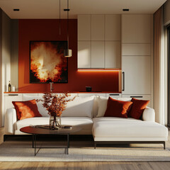 Fototapeta premium A modern living room featuring stylish white sectional sofa adorned with orange cushions, round coffee table, and striking red accent wall. warm ambiance is enhanced by decorative elements and natural