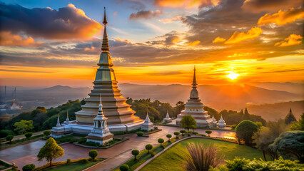 Sun setting among peaks of Phra That Na Dun Chedi, Thailand, Thailand, sunset, sun, peaks, mountains