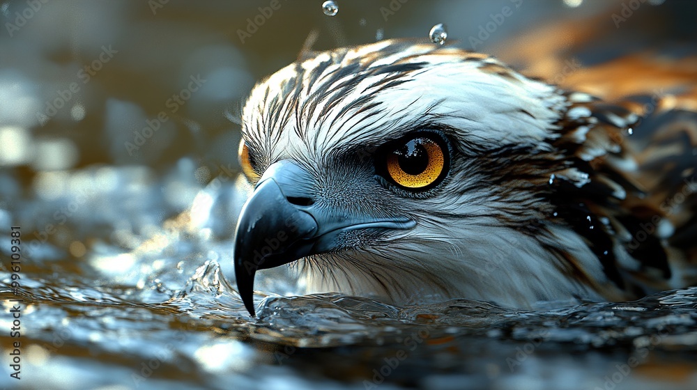 Poster close up of an osprey with yellow eyes in water