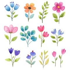 Cute spring flowers, clipart, watercolor illustration, simple clean line art, white background, colorful,