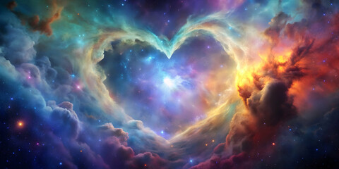 Heart-shaped formation in a colorful nebula, space, galaxy, romantic, astronomy, celestial, cosmic, love, universe, stars