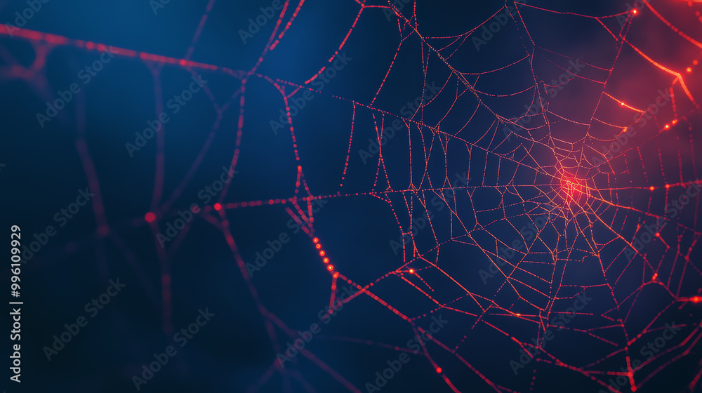 Wall mural floating glowing spider web with neon threads creates mesmerizing visual effect, showcasing intricat