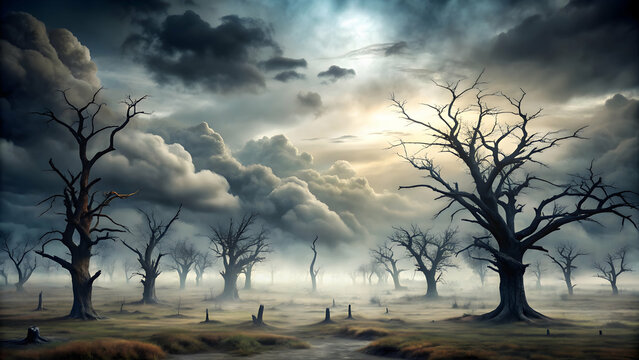 Eerie mist covered macabre landscape with dead trees and dark clouds , macabre, landscape, eerie, mist, dead trees, dark clouds