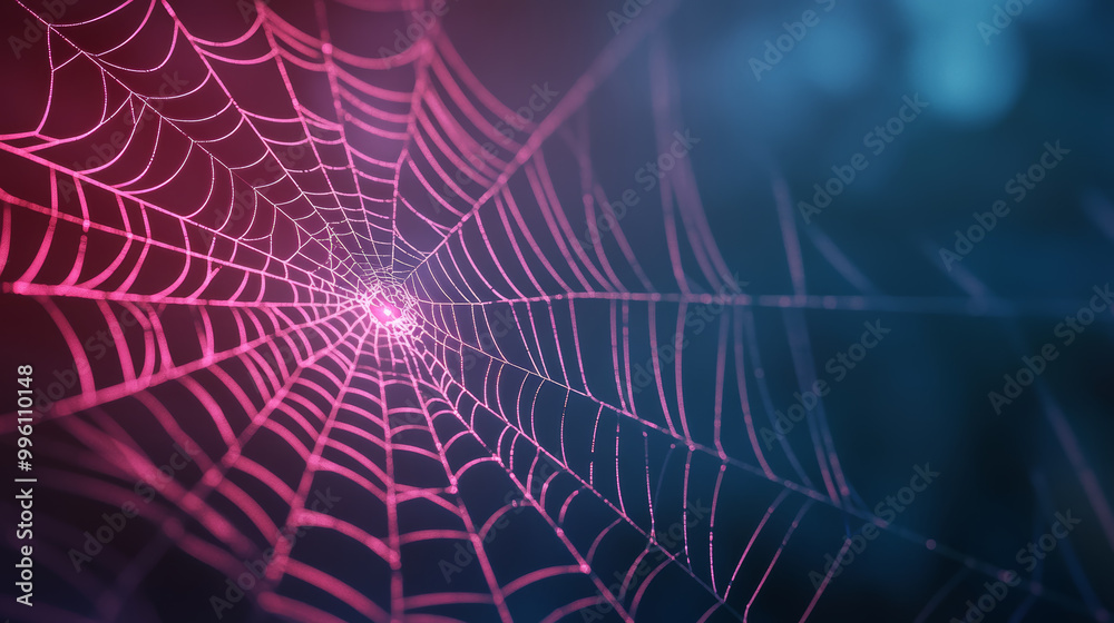 Wall mural floating glowing spider web with neon threads creates mesmerizing visual effect, showcasing intricat