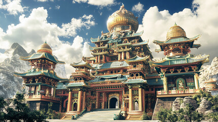 A grand, colorful palace with intricate details and a golden dome, set against a backdrop of towering mountains and a bright blue sky.