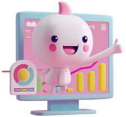  3D character icon of a full-body PC computer with arms and legs, pointing at a sales graph, smiling face