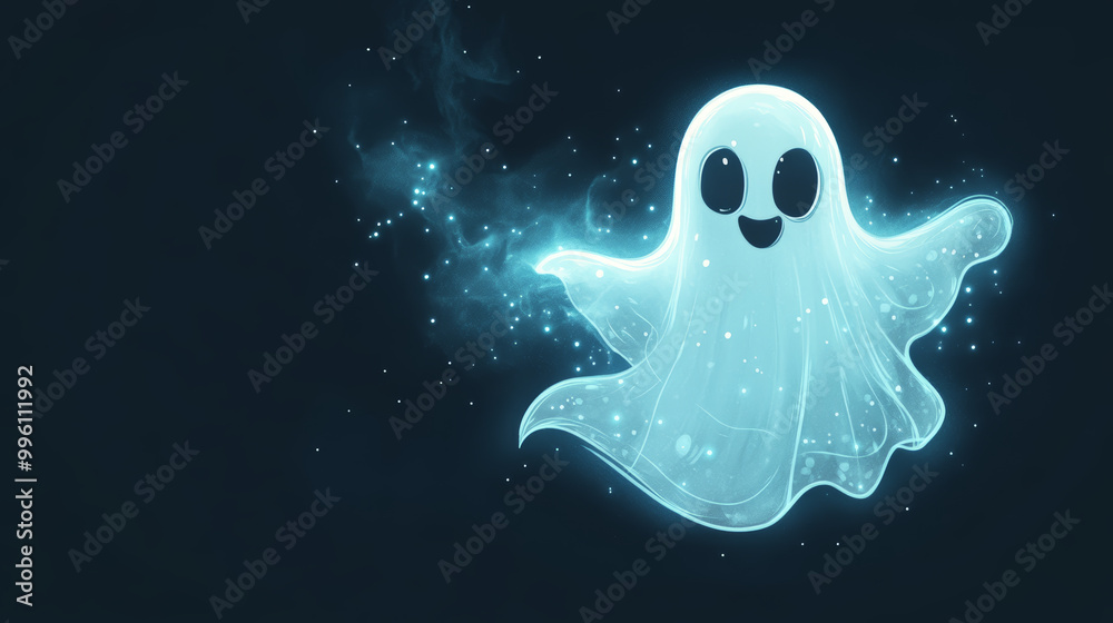Canvas Prints friendly ghost glows against dark background, surrounded by sparkling particles, creating whimsical 
