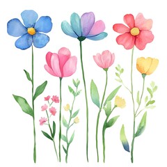 Different different Cute spring flowers, clipart, watercolor illustration, simple clean line art, white background, colorful,