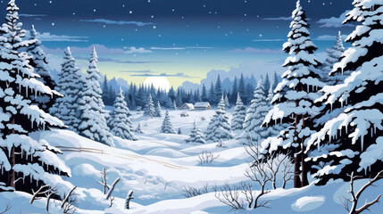 Snowy Christmas landscape illustration