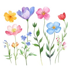Different different Cute spring flowers, clipart, watercolor illustration, simple clean line art, white background, colorful,
