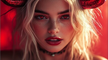 Fototapeta premium Dark Fantasy Demon Cosplay with Horns and Gothic Aesthetic in Red and Black