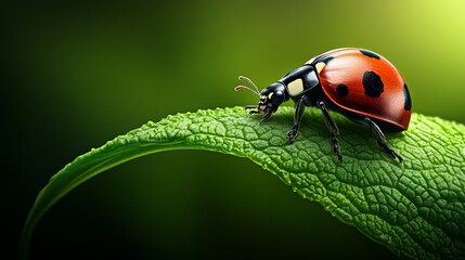Fototapeta premium Ladybug on Leaf: A vibrant ladybug with its iconic red shell and black spots crawls along a lush green leaf, a symbol of good luck and nature's beauty.