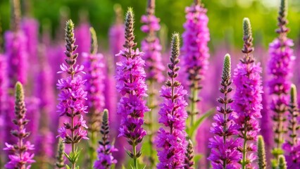 Obraz premium Purple loosestrife flowers are blooming in a field on a sunny summer day