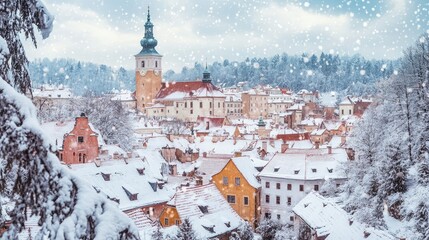 Naklejka premium Winter in Cesky Krumlov, with snow-covered rooftops, the castle in the background, and a quiet, serene atmosphere enveloping the town.