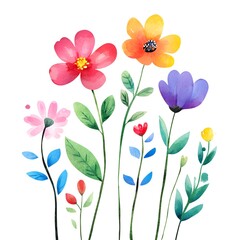 Different different Cute spring flowers, clipart, watercolor illustration, simple clean line art, white background, colorful,