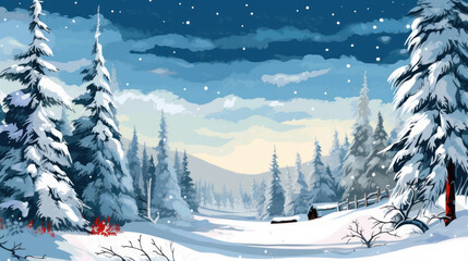 Fototapeta premium Snowy Christmas landscape illustration