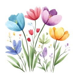 Naklejka premium Different different Cute spring flowers, clipart, watercolor illustration, simple clean line art, white background, colorful,