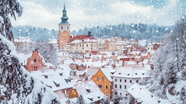 Winter in Cesky Krumlov, with snow-covered rooftops, the castle in the background, and a quiet, serene atmosphere enveloping the town.