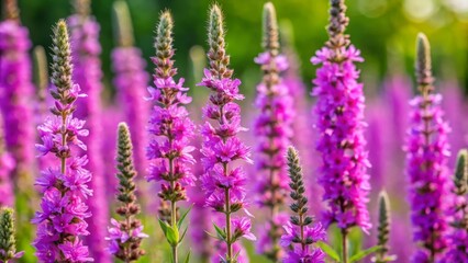 Naklejka premium Purple loosestrife flowers are blooming in a field on a sunny summer day