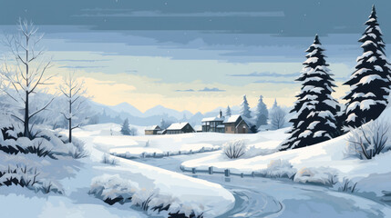 Obraz premium Snowy Christmas landscape illustration