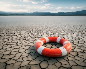 Naklejka premium Lifebuoy stranded in a driedup lake, symbolizing the risk of disaster from water scarcity, vivid colors, crisis concept, highresolution